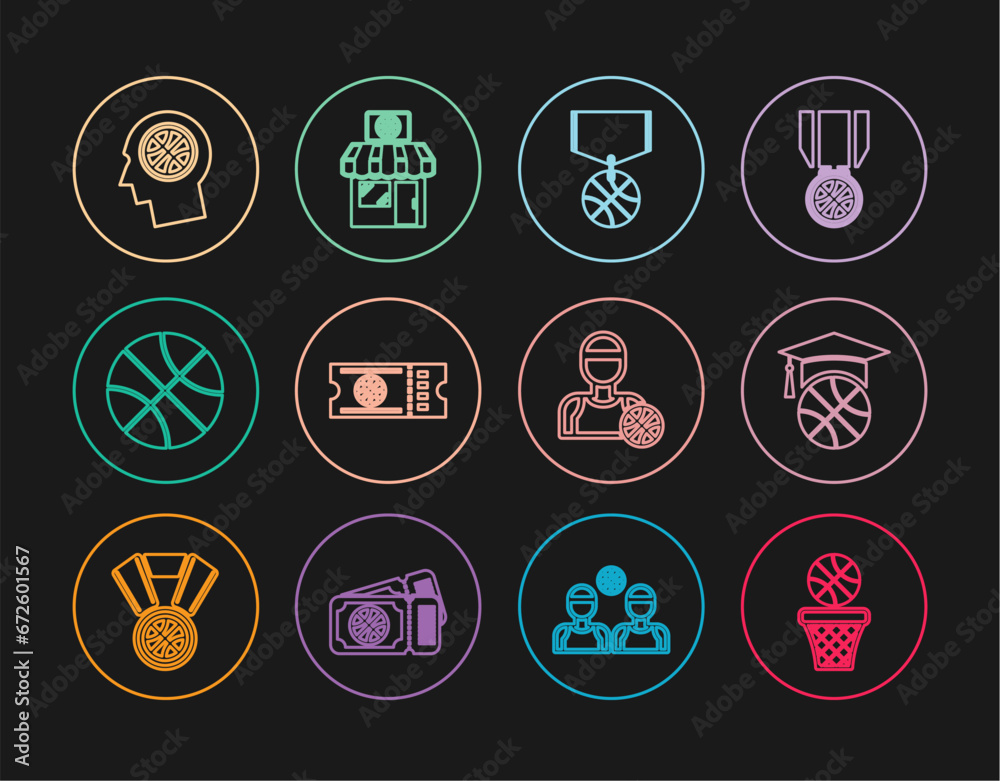 Set line Basketball ball and basket, training, medal, game ticket, Thoughts on basketball, player and Sports shop icon. Vector