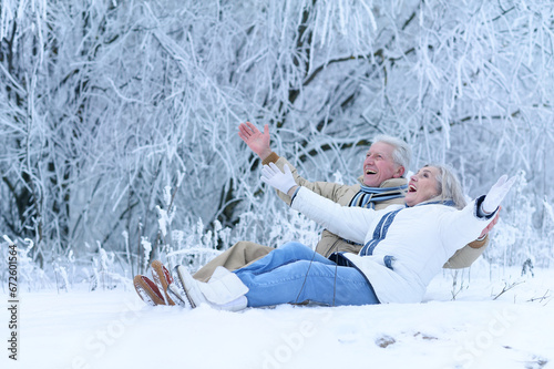 Nicel elderly couple rejoice together in winter photo