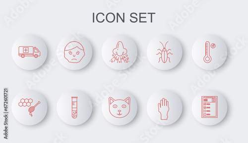Set line Clinical record, Honeycomb with honey dipper, Runny nose, Hand psoriasis eczema, Emergency car, Inflammation face, Test tube flask and Pet icon. Vector