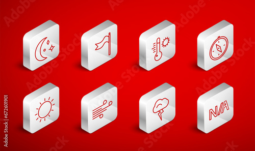 Set line Not applicable, Meteorology windsock wind vane, thermometer, Compass, Storm, Moon and stars, Wind and Sun icon. Vector