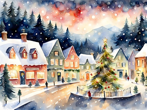 Watercolor Christmas village town with colorful houses and snow covered street background