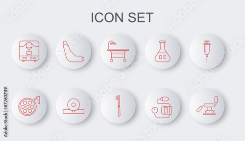 Set line Medical dental chair, Surgery lamp, Operating table, Blood pressure, X-ray machine, Inhaler, Otolaryngological head reflector and Toothbrush icon. Vector