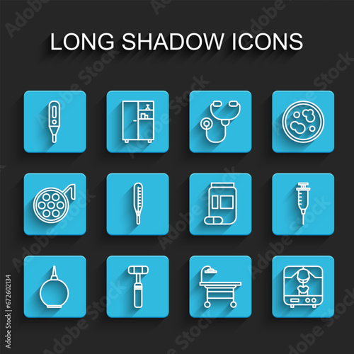 Set line Enema, Neurology reflex hammer, Medical digital thermometer, Operating table, X-ray machine, Syringe and Medicine bottle and pills icon. Vector