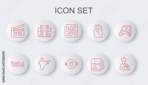 Set line Indian man plays flute, shoes, Hindu swastika, Cup of tea with tea bag, Bollywood indian cinema, Gate Delhi, map and Chicken tikka masala icon. Vector