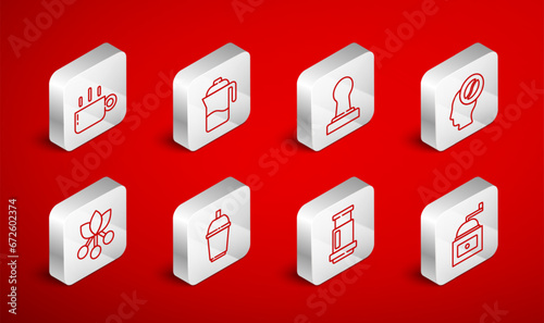 Set line Manual coffee grinder, French press, Coffee tamper, Barista, Aeropress, cup, to go and bean, branch icon. Vector