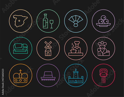 Set line Peineta, Bullfight, matador, Fan flamenco, Windmill, Stadium Mestalla, Map of Spain, Spanish cook and Wine bottle with glass icon. Vector photo