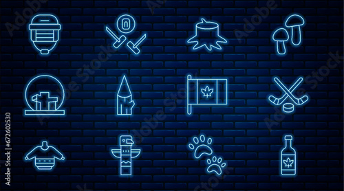 Set line Beer bottle, Ice hockey sticks and puck, Tree stump, Wooden log, Montreal Biosphere, Hockey helmet, Flag of Canada and Curling sport game icon. Vector