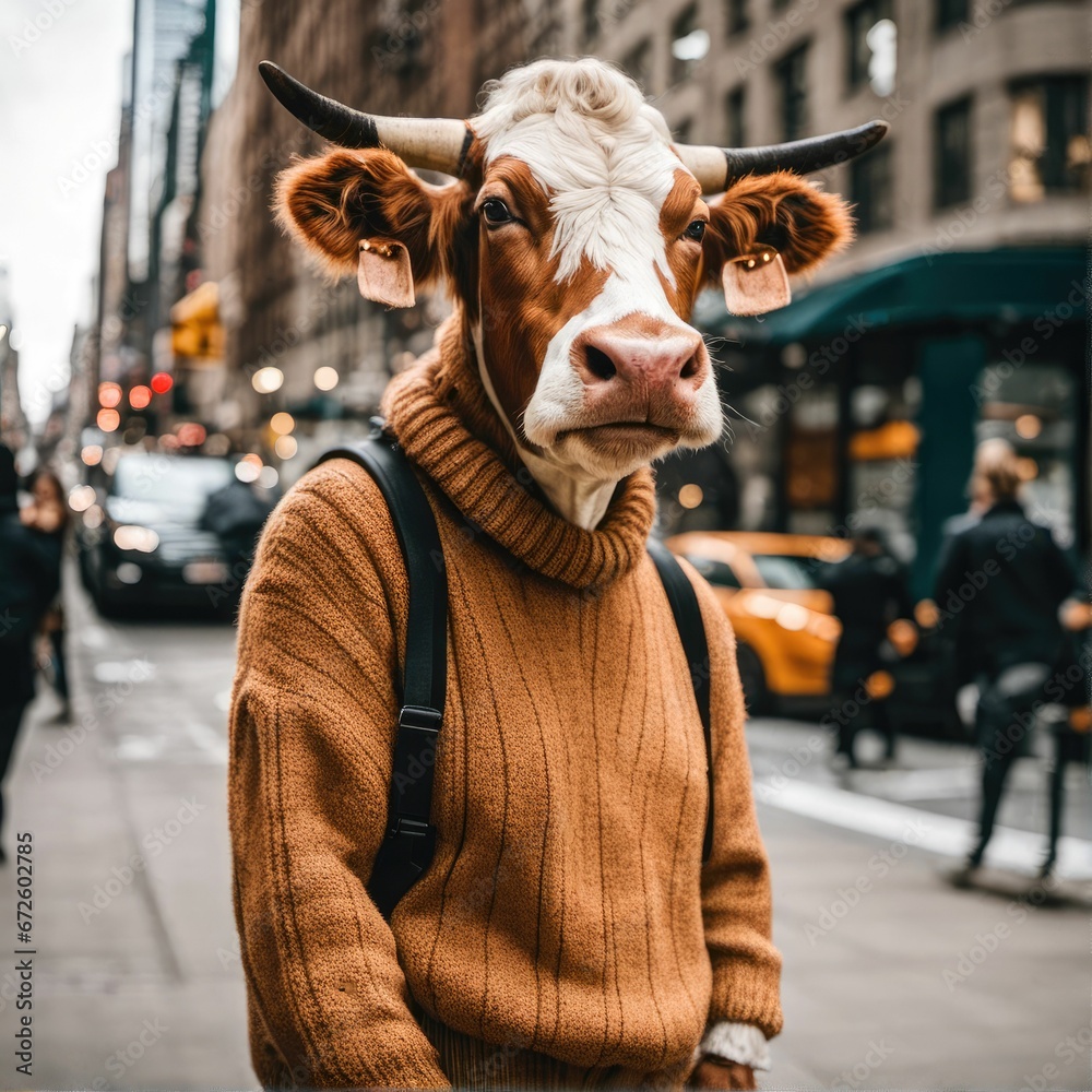 AI generated illustration of a cow in a sweater on the street