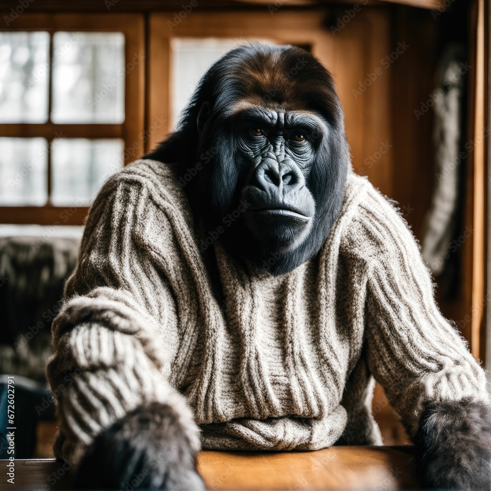 AI generated illustration of a gorilla in a sweater at home