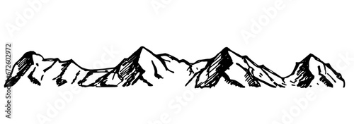 Hand drawn mountain sketch in engraving style. Vector illustration isolated on white background. Sketch.