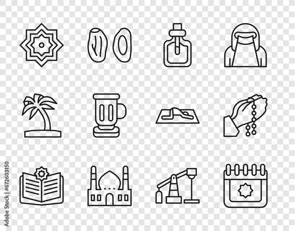 Set line Holy book of Koran, Ramadan calendar, Perfume, Muslim Mosque, Octagonal star, Medieval goblet, Oil pump pump jack and Hands in praying position icon. Vector Set line Holy book of Koran, Ramadan calendar, Perfume, Muslim Mosque, Octagonal star, Medieval goblet, Oil pump pump jack and Hands in praying position icon. Vector