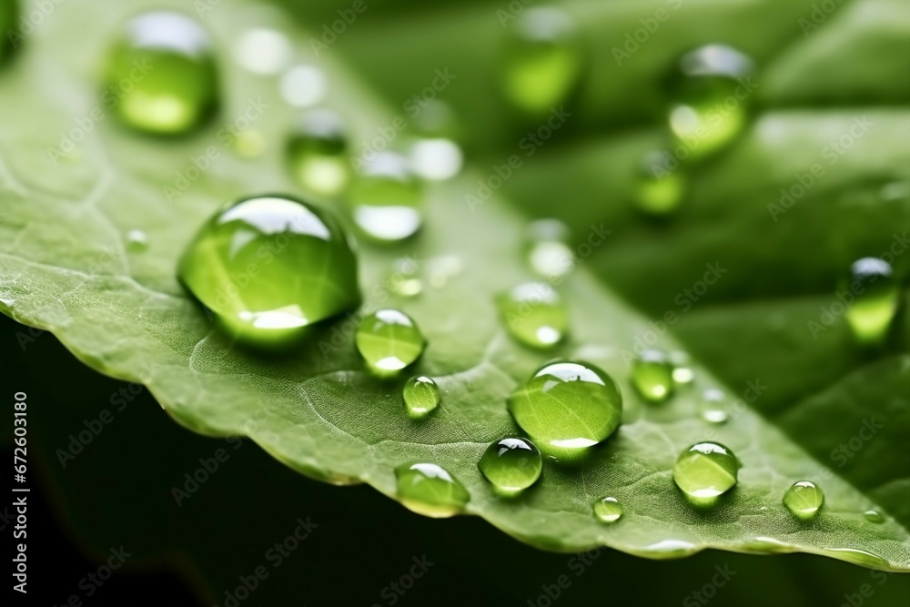 Large beautiful drops of transparent rain water on a green leaf macro. Drops of dew in the morning glow in the sun. Beautiful leaf texture in nature. Natural background. generative ai. Large beautiful drops of transparent rain water on a green leaf macro. Drops of dew in the morning glow in the sun. Beautiful leaf texture in nature. Natural background. generative ai.