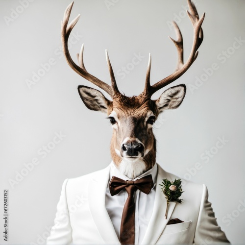 AI generated illustration of a deer in a white classic suit