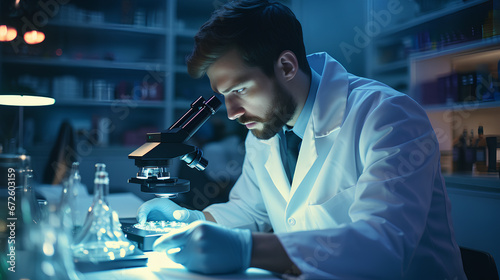a man researcher in a medical laboratory, working with a microscope