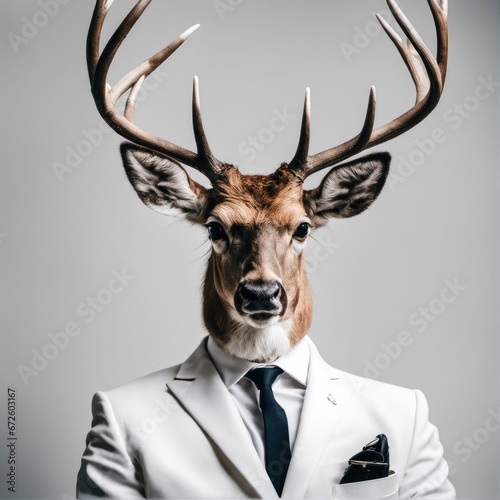 AI generated illustration of a deer in a white classic suit © Wirestock