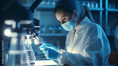 a woman researcher in a medical laboratory, working with a microscope
