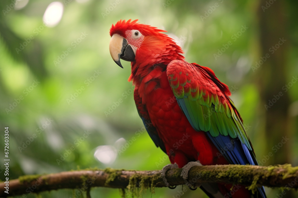 Rare form Ara macao x Ara ambigua, in tropical forest, Costa Rica, Red hybrid parrot in forest , soft lightinig