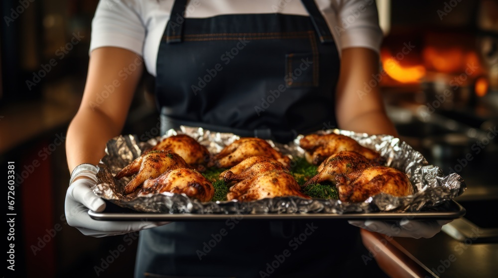 Female cook wearing gloves with tray of baked chicken