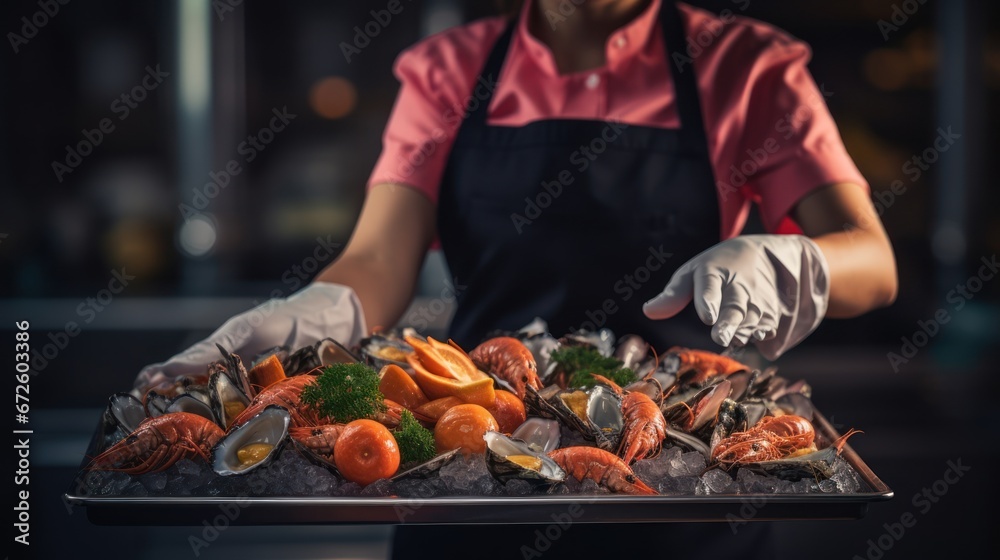 Close-up of a female cook wearing gloves with a tray of seafood.