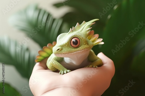 Close-up of a cartoon dragon on a man's palm. Home pocket dragon.