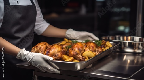 Female cook wearing gloves with tray of baked chicken