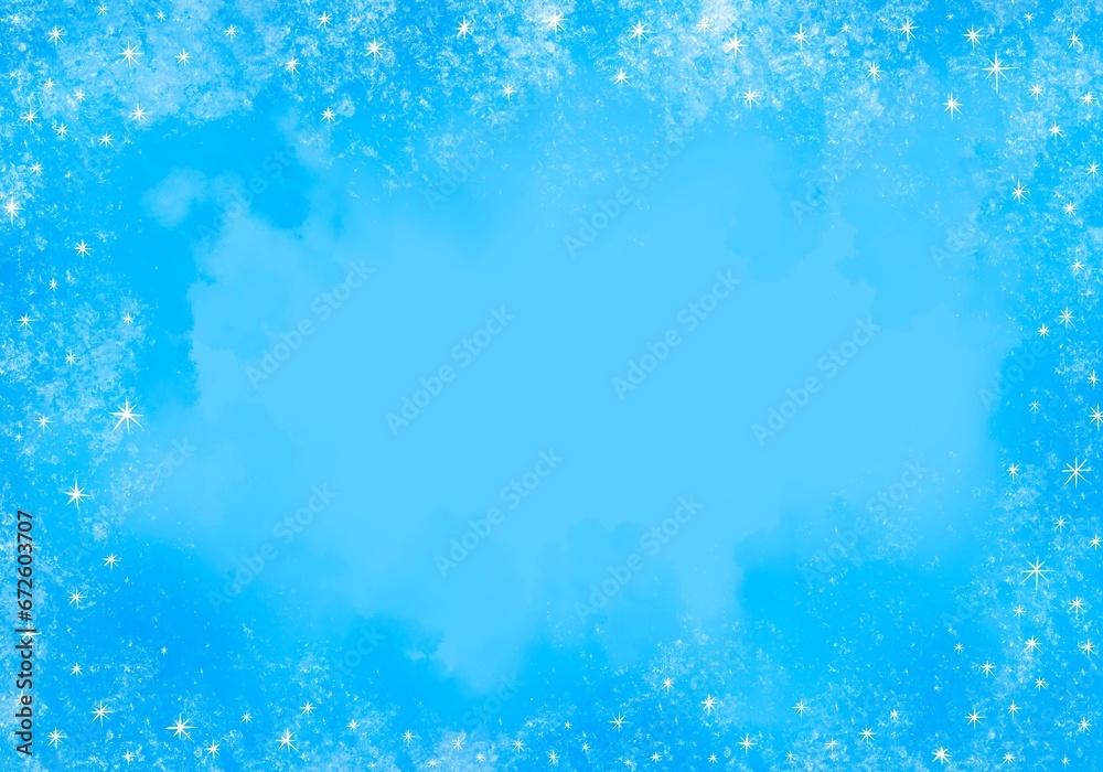 Abstract winter snowfall and snowflakes turquoise blue background. Cold winter Christmas and New Year background.