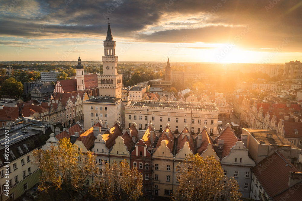 The old town in Opole during autumn sunset. Beautiful contrasting light set the mood for this view.