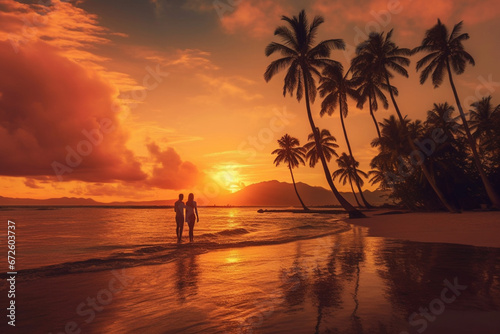 rear view, couple on beach with palm trees sunset at the tropical beach , soft lightinig © alisaaa