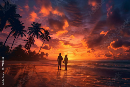 rear view, couple on beach with palm trees sunset at the tropical beach , soft lightinig