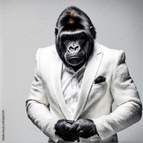 AI generated illustration of a gorilla in a white classic suit