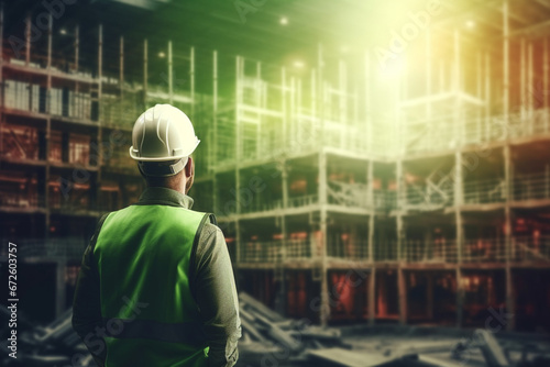 Rear view image of construction engineer in green safety vest and red hardhat controlling construction of new building , soft lightinig