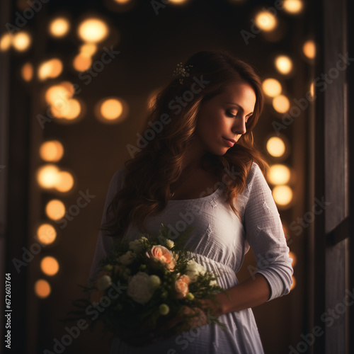  Young attractive pregnant mother in beige outfit staying , touching the belly with peace expression on the blurred lights background. Maternity concept.