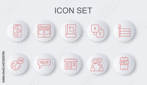 Set line Foreign language online study, Translator book, Two sitting men talking, New chat messages notification, Online translator, Hola different and School timetable icon. Vector