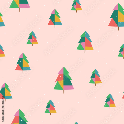 Patchwork Christmas tree seamless pattern. Pink winter holiday repeat background. Vector New Year print, wrap paper, package design.