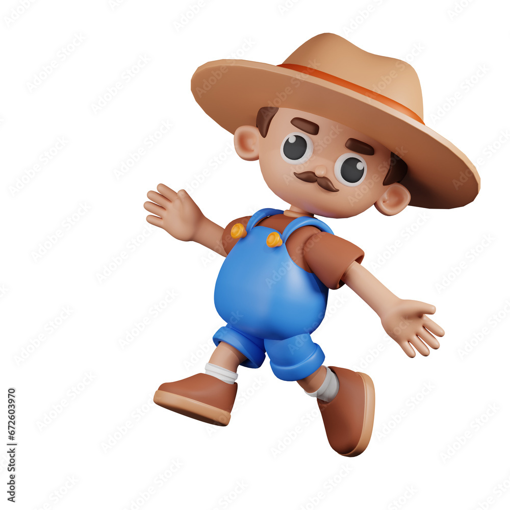 3d Character Farmer Happy Jumping Pose. 3d render isolated on transparent backdrop. 3d Character Farmer Happy Jumping Pose. 3d render isolated on transparent backdrop.