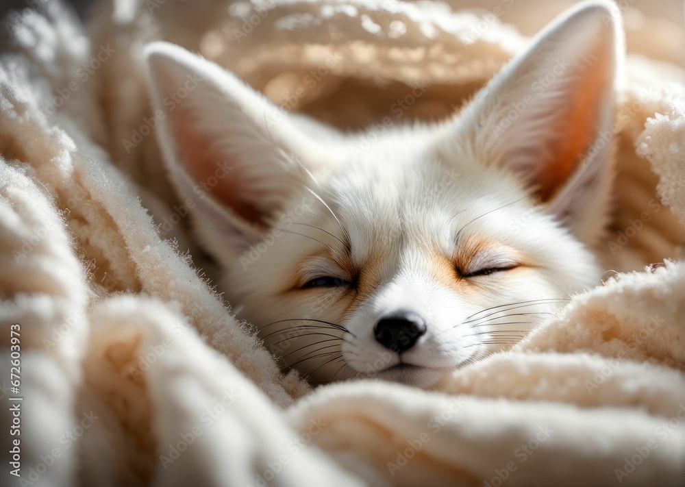 Obraz premium AI generated illustration of a white fox curled up in a snug position, peacefully sleeping