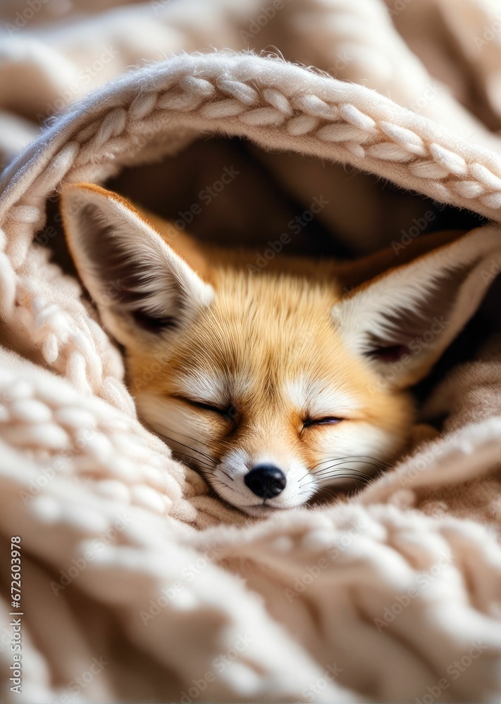 Obraz premium AI generated illustration of a brown fox curled up, peacefully sleeping under a warm blanket