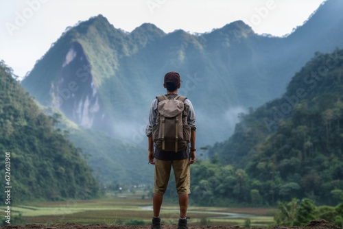 rear view of asian man backpacker male hiker looking at mountains
