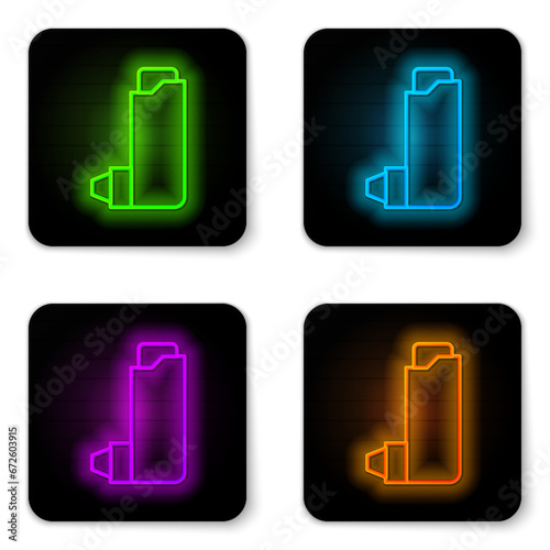 Glowing neon line Inhaler icon isolated on white background. Breather for cough relief, inhalation, allergic patient. Black square button. Vector Illustration