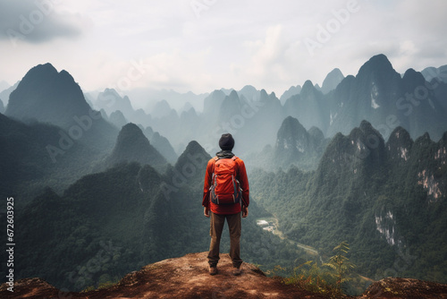 rear view of asian man backpacker male hiker looking at mountains © alisaaa