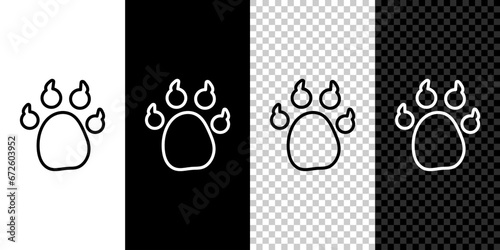 Set line Paw print icon isolated on black and white background. Dog or cat paw print. Animal track. Vector