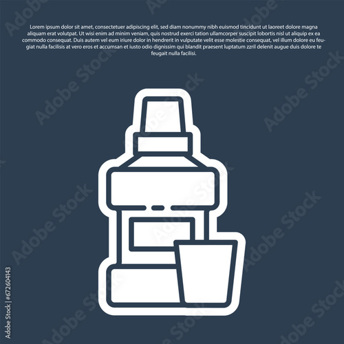 Blue line Mouthwash plastic bottle and glass icon isolated on blue background. Liquid for rinsing mouth. Oralcare equipment. Vector