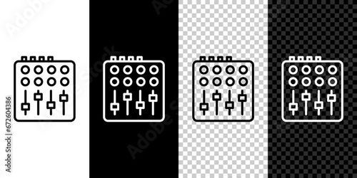 Set line Sound mixer controller icon isolated on black and white background. Dj equipment slider buttons. Mixing console. Vector