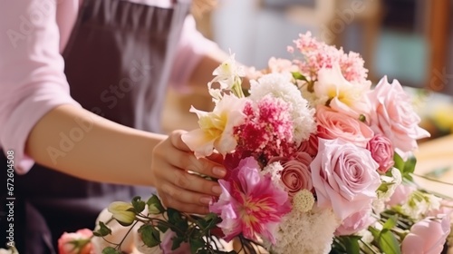 Florists create beautiful bouquets mixed with fresh flowers