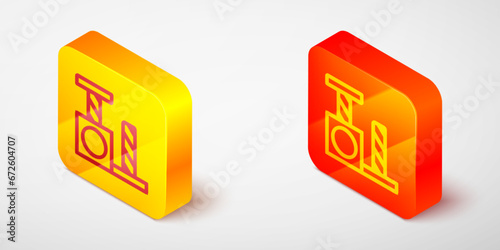 Isometric line Cat scratching post with toy icon isolated on grey background. Yellow and orange square button. Vector