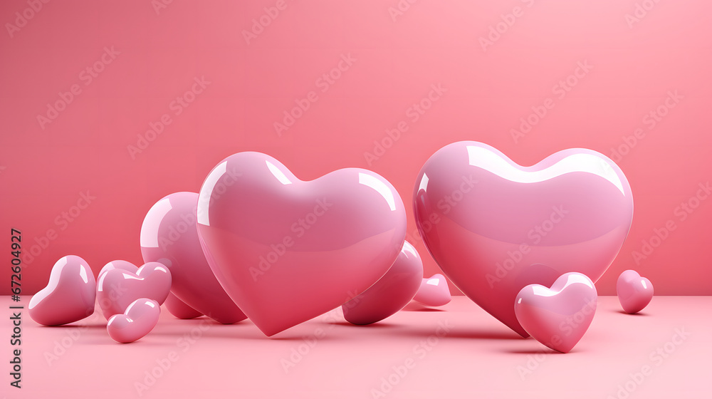 3D Pink Hearts on Pink Background. Happy Valentine's Day Background.