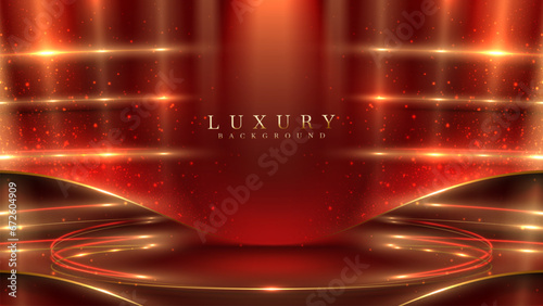 Red luxury background with golden line decoration and curve light effect with bokeh elements.