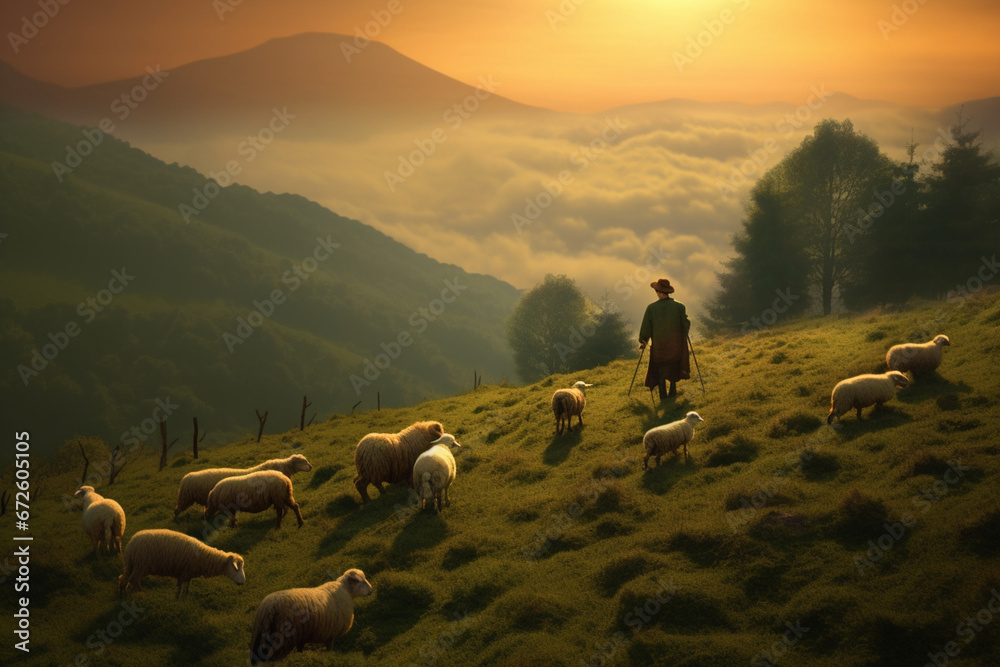 Shepherd on the hillside grazing sheep, soft lightinig