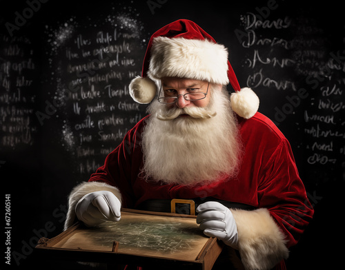 santa claus writing naughty list with a grumpy face