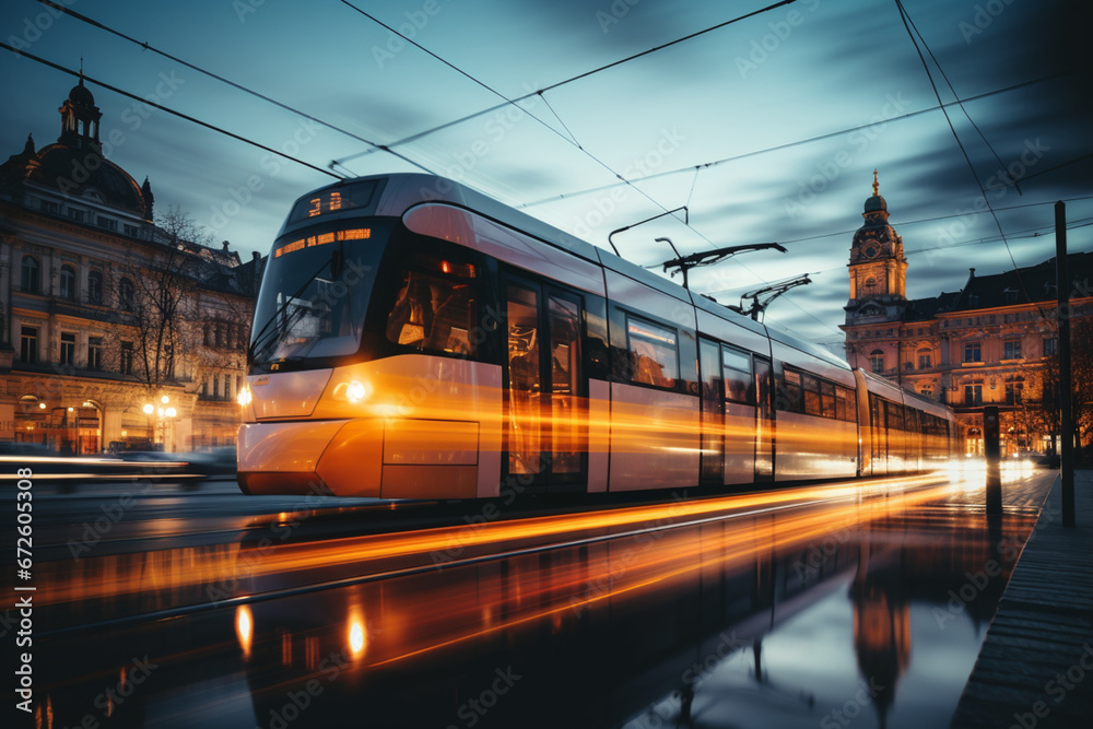 A tram passing by the city center, The tram is blurred due to motion and long exposure, aesthetic look